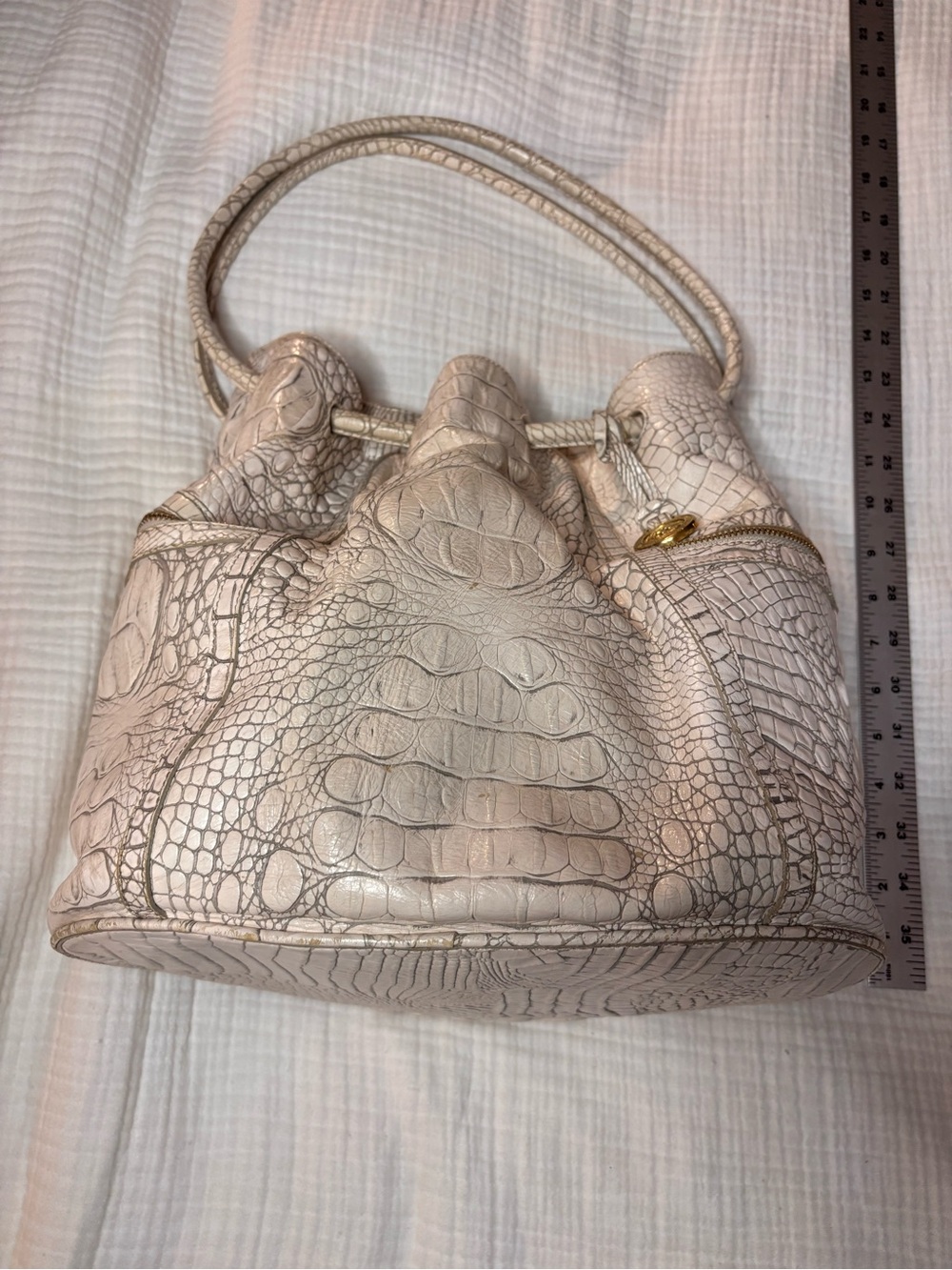 Brahmin Dee Dee Crocodile Embossed Leather Drawstring Bucket Bag White/Cream